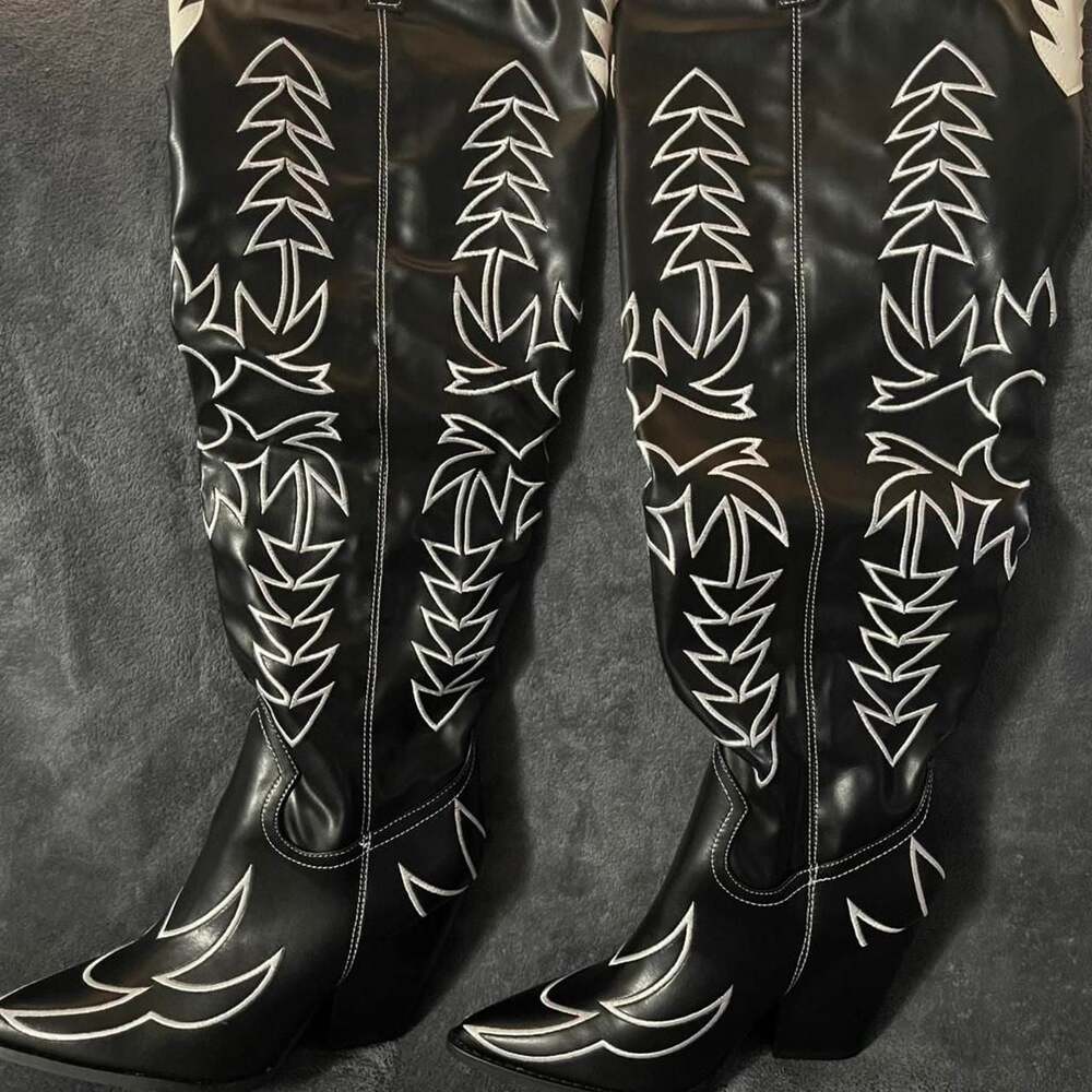 Shein Black and White Contrast Stitch Cowboy Boots